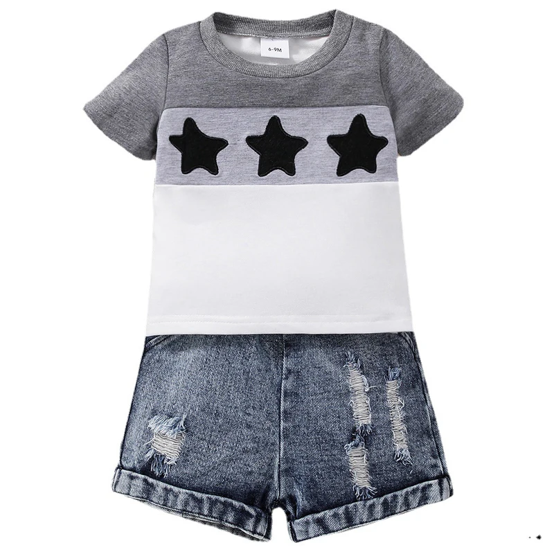 2Piece Set Summer Toddler Boy Clothing Korean Casual Fashion Short Sleeve Tops+Denim Shorts Newborn Baby Clothes Outfit BC1721