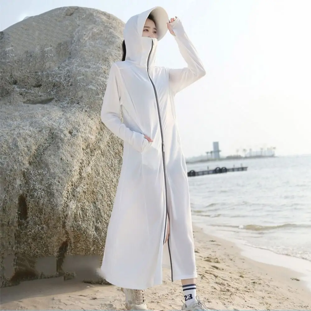 Ice Silk Sun Protection Long Coat Comfortable Hat Breathable Sunscreen Long Jacket Long Sleeve Hooded Anti-UV Dress Outdoor