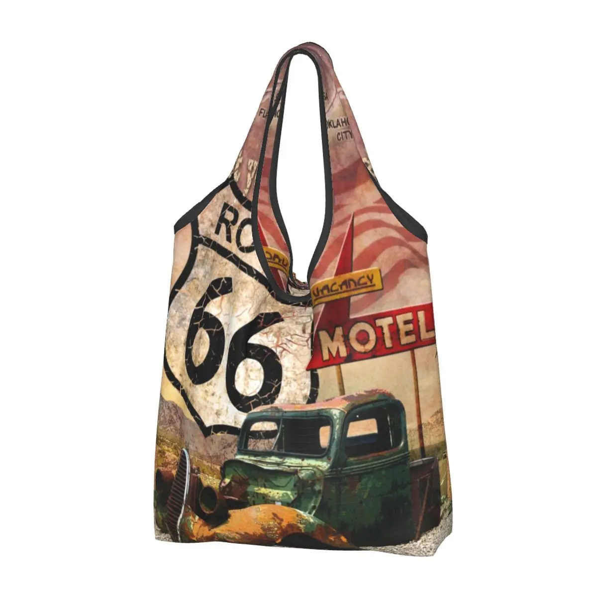 Main Street Of America Groceries Tote Shopping Bag Custom Get Your Kicks On Route 66 Shoulder Shopper Bag Large Capacity Handbag