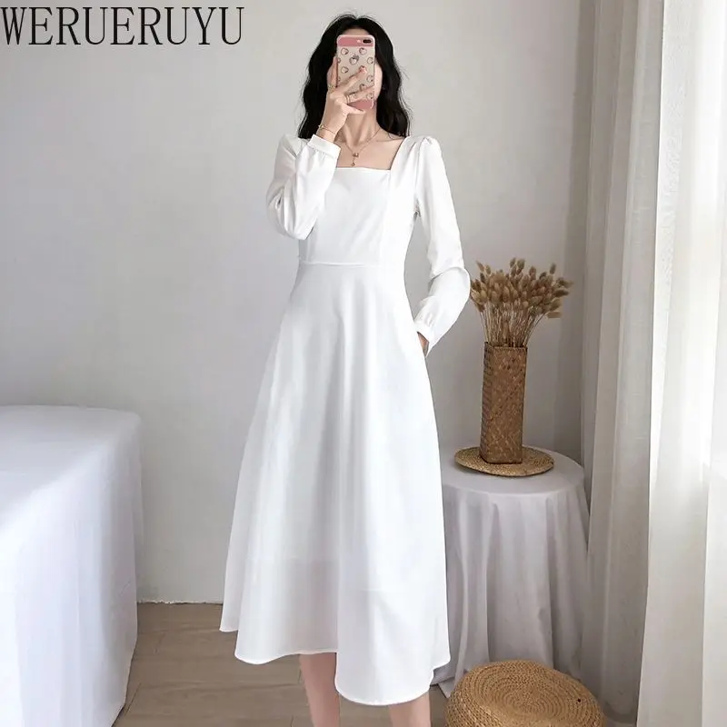 New Elegant Evening Long Dress Woman Clothing Autumn Winter Casual Square Collar Long Sleeve A-line Party Dresses for Women 2024