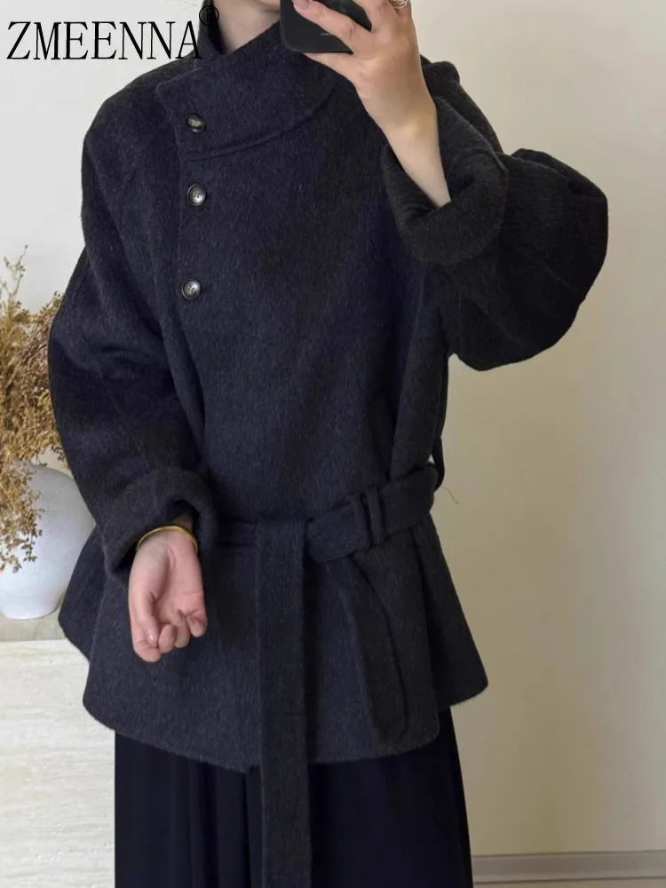 

ZMEENNA Women's Coats Wool Blend Short With High Stand Collar Detail And Wide Sleeves Elegant Belted Winter Jacket ZM3630