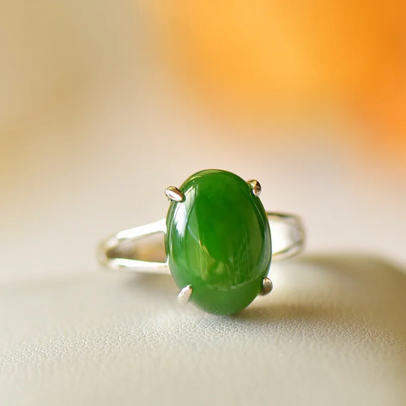 

S925 Silver Inlaid Hetian Jade And Jasper Oval Cabochon Four-Prong Bezel Women'S Ring