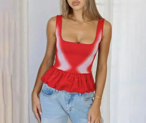 

Women's Summer New U-Neck Contrasting Ruffle Edge Sexy Vest T-Shirt for Women