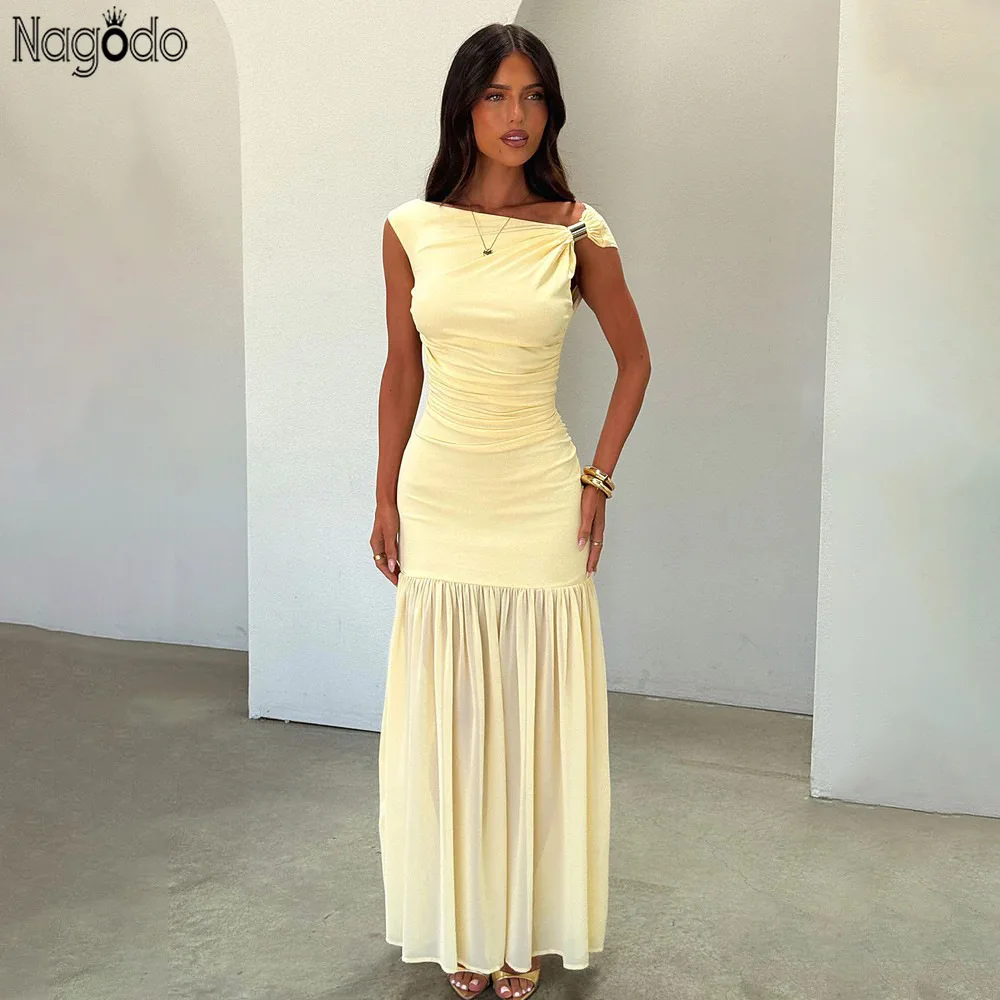 

Nagodo Summer Sleeveless Women Long Party Dress Pleated Slim Evening Gown Sexy Bodycon Prom Dresses Black Yellow Maxi Dress