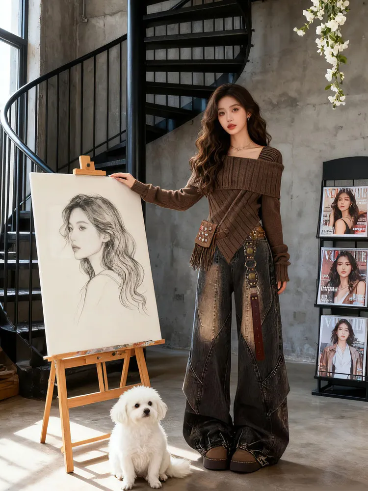 

Винтажный вязаный свитер и широкие брюки, комплект Spicy Girl, осенне-зимний костюм из двух предметов в стиле ретро, уличный дизайн на одно плечо...