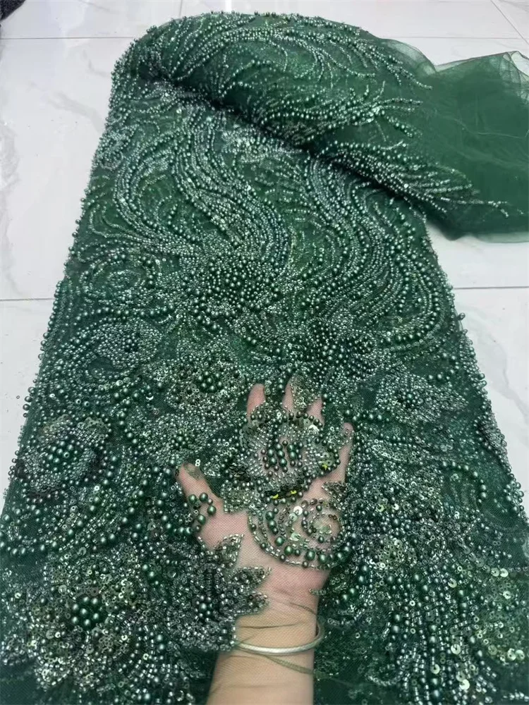 

Green Luxury Handmade Heavy Beaded Mesh Lace Fabric French Sequins Tulle Lace Fabric For Women Party Dresses Fabric 5 Yard
