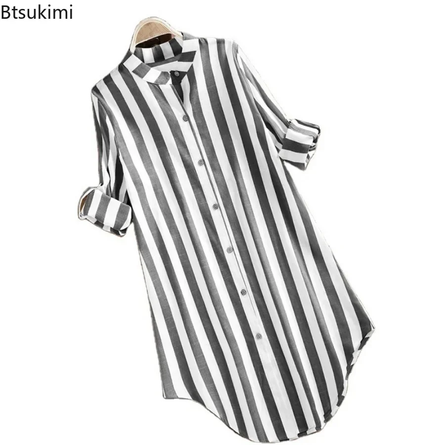 Spring New Women's Long-sleeved Cotton Linen Shirt Dress Fashion Stripe Print Loose Casual Button Blouse Ladies Mid-length Shirt