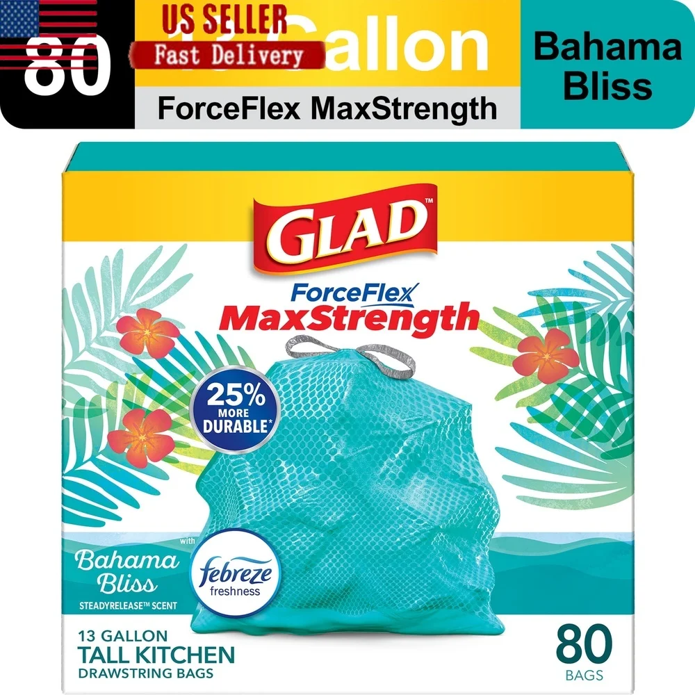 Robuster 13-Gallonen-Müllbeutel mit Kordelzug für die Küche, Geruchskontrolle, Bahama Bliss-Duft, auslaufsicher, reißfest, 80 Stück
