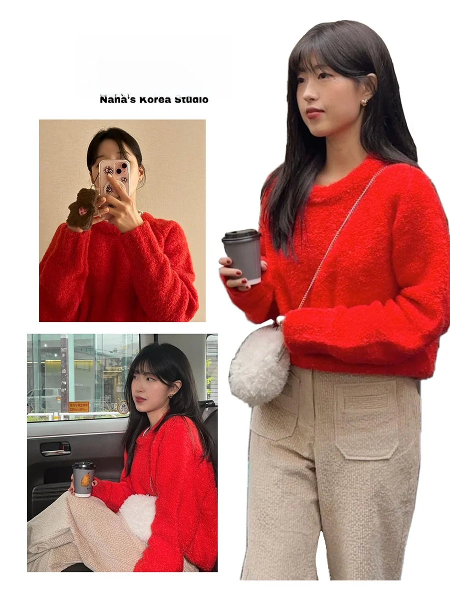 [Nana] South korea Ged Hejing Same Mohair round Neck Red Knit Sweater Women Inner wear Autumn and Winter