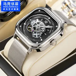 FAIRWHALE Automatic Movement Mechanical Watches For Men 6500 Square Dial Stainless Steel Waterproof Mesh Belt Mens Watch Reloj