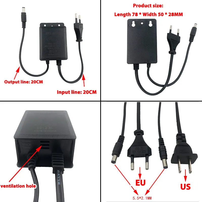 

12V 2A CCTV Camera Power Adapter Outdoor Waterproof EU US Plug Adapter CCTV Ip Camera System Charger 110V 220V AC To DC DIY Use