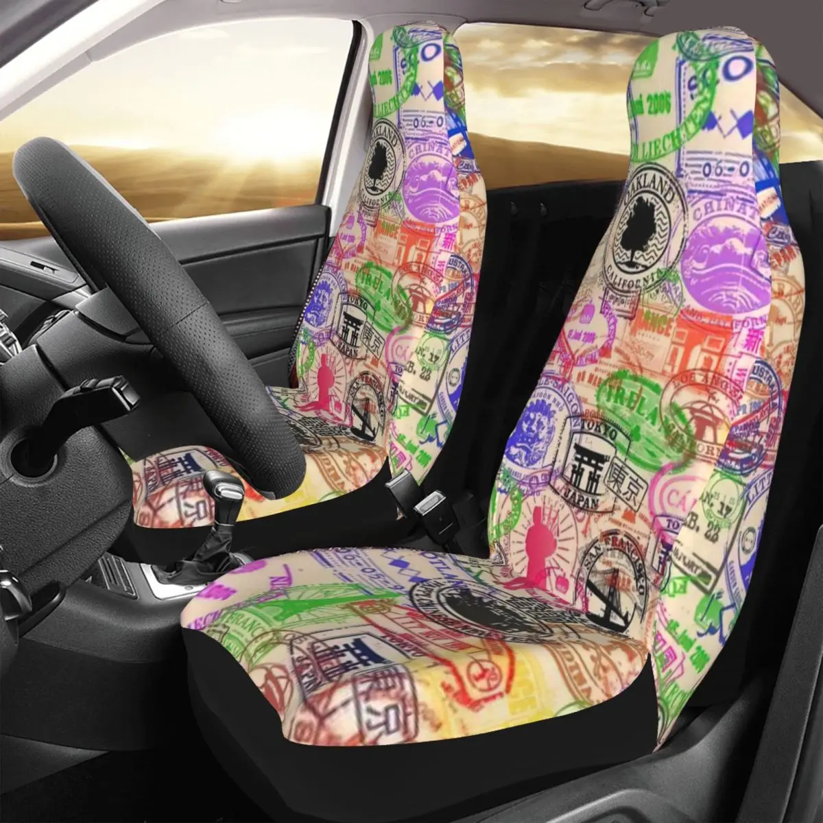 

Passport Visa Stamps Car Seat Cover Custom Printing Universal Front Protector Accessories Cushion Set