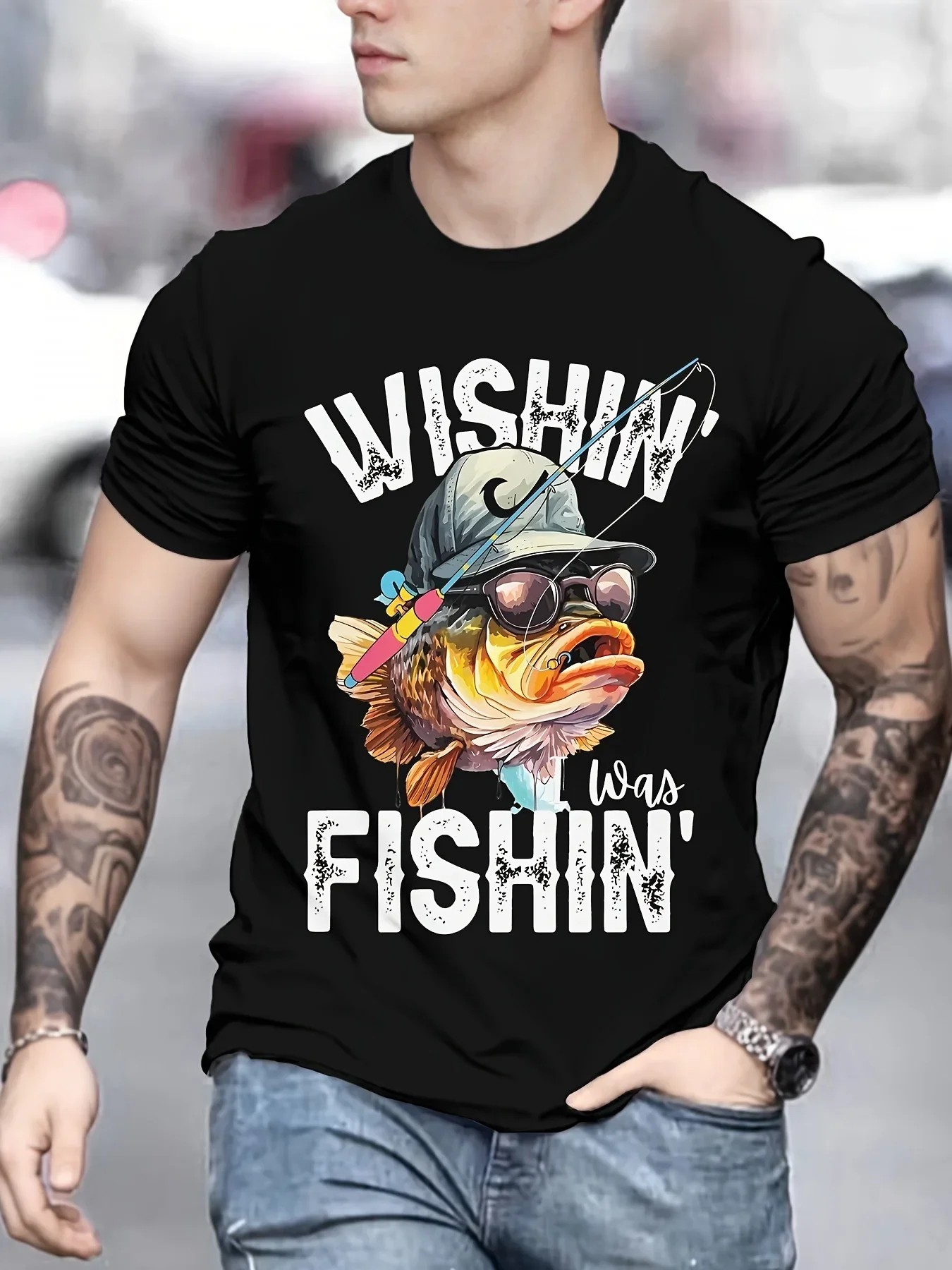 Modisches Herren-T-Shirt für Angelbegeisterte mit Lustigem Fisch-Print, Lässiges Outdoor-Kurzarm-Oberteil, Streetwear für Männer