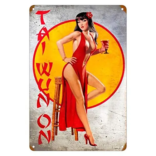 KENSILO Vintage Tai WUN On Pin Up Girl Metal Tin Signs Wall Decor Sign Plaque Poster Sexy for Beer Room Home Garagees