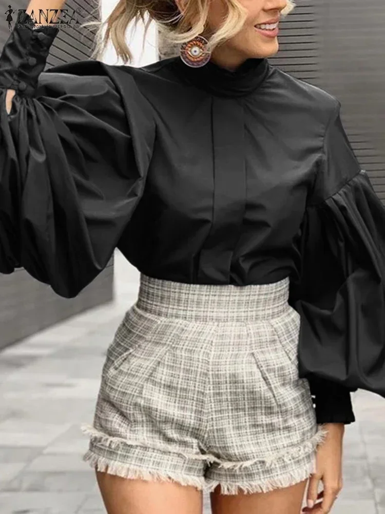 

ZANZEA Women Blouse 2025 Casual Solid Color Shirts Long Lantern Sleeve Office Lady Pleating Fashion Tops Stand Collar Tunics