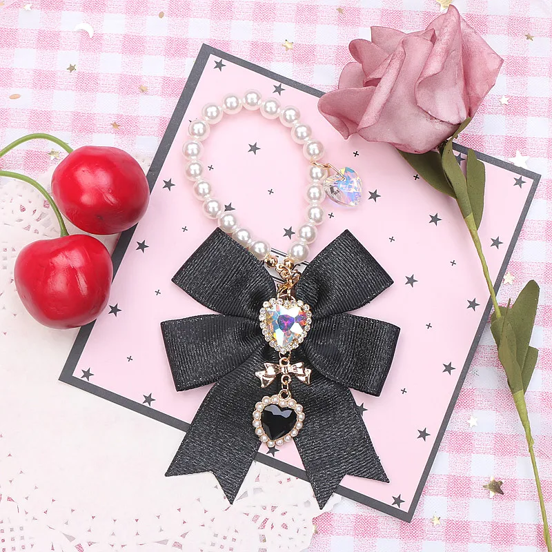 Porte-clés pendentif nœud papillon ruban pour filles, perles de nœud doux Kawaii, porte-clés perlé, sac Girly, breloque pour sac à dos