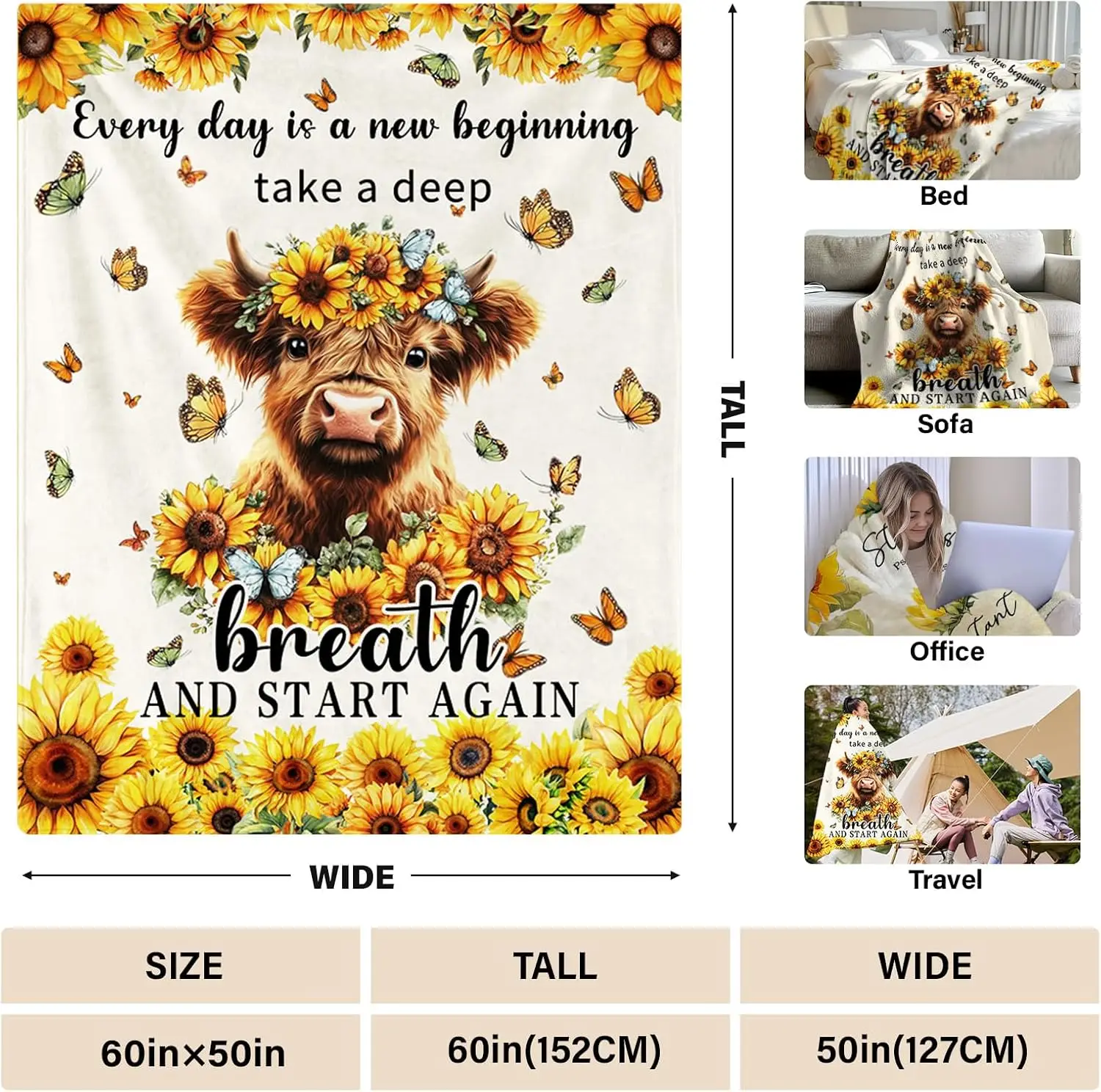 Cute Cow Sunflowers Flannel Throw Blanket Cozy Lap Throw Gift Motivational Inspirational Decor Soft Pet Lover Gift