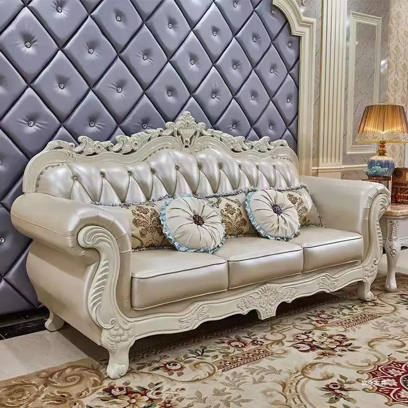 

European leather sofa 123 combination, living room pastoral white luxury French first-layer cowhide solid wood villa furniture