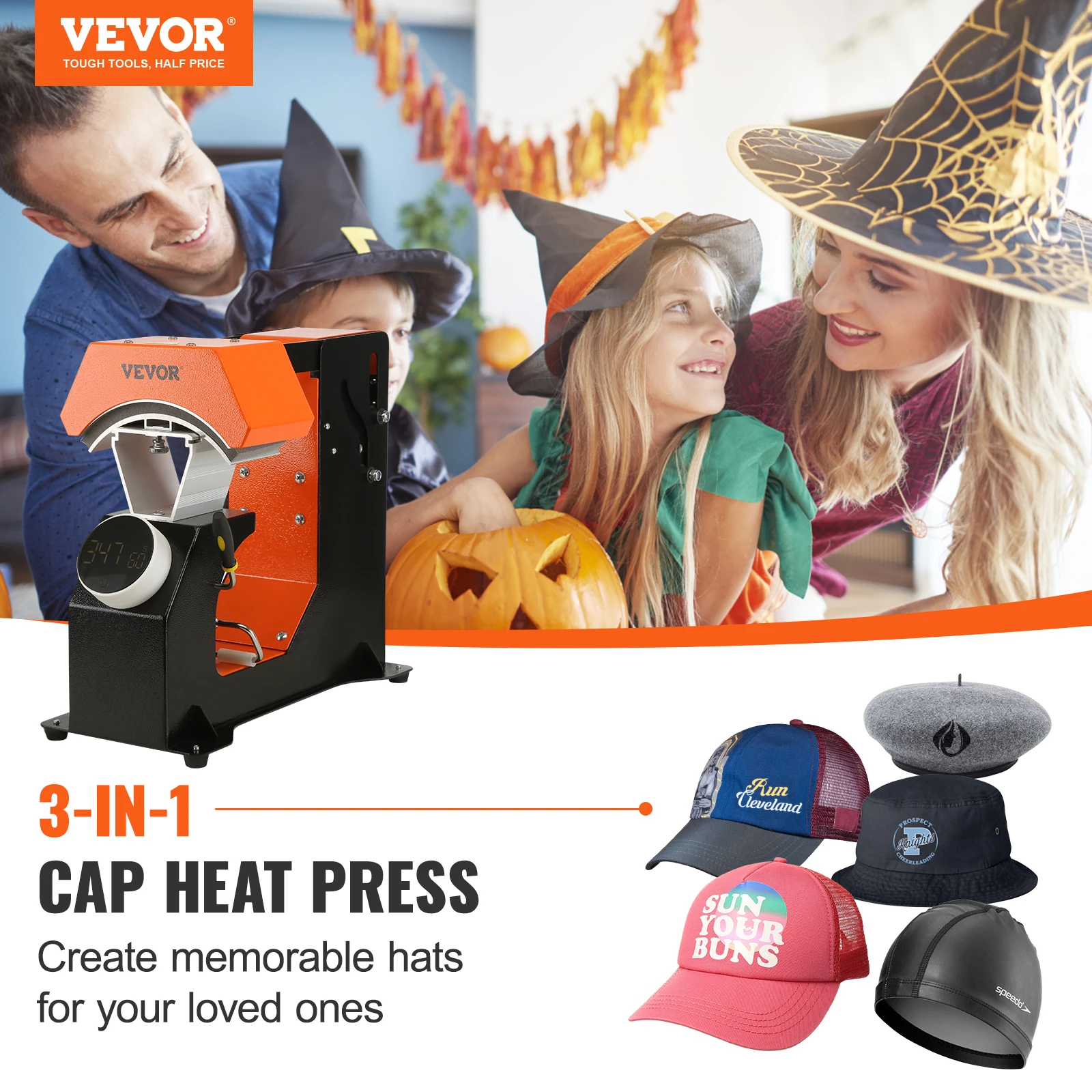 Vevor 3-In-1 Auto Hat Heat Press 3 Stuks Verwisselbare Platen Automatische Release Persknop-Stijl Warmte Overdracht Afdrukken Voor Doppen