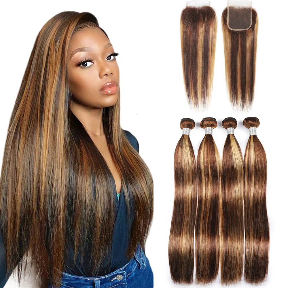P427 Straight Bundles with Closure 4x4 Highlight 100% Human Hair Bundles HD Lace Honey Brown Brazilian Hair Bundles Remy