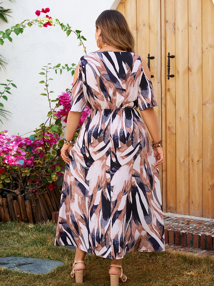 GIBSIE Plus Size Cold shoulder Zipper Front Print Long Dress Women Summer V Neck Beach Vacation Maxi A-Line Dresses 2024 New