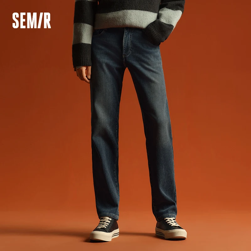 Semir Jeans Men Fleece Slim Straight Leg Long Pants 2024 Winter New Pants
