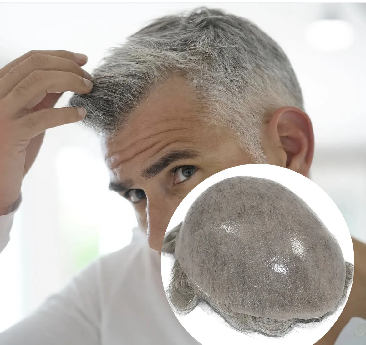 خط شعر طبيعي فائق 0.06 مللي متر جلد رقيق واقعي كامل PU بولي أسود أومبير أشقر رمادي ذكر 1b80 نظام شعر بشري شعر مستعار Vloop #2