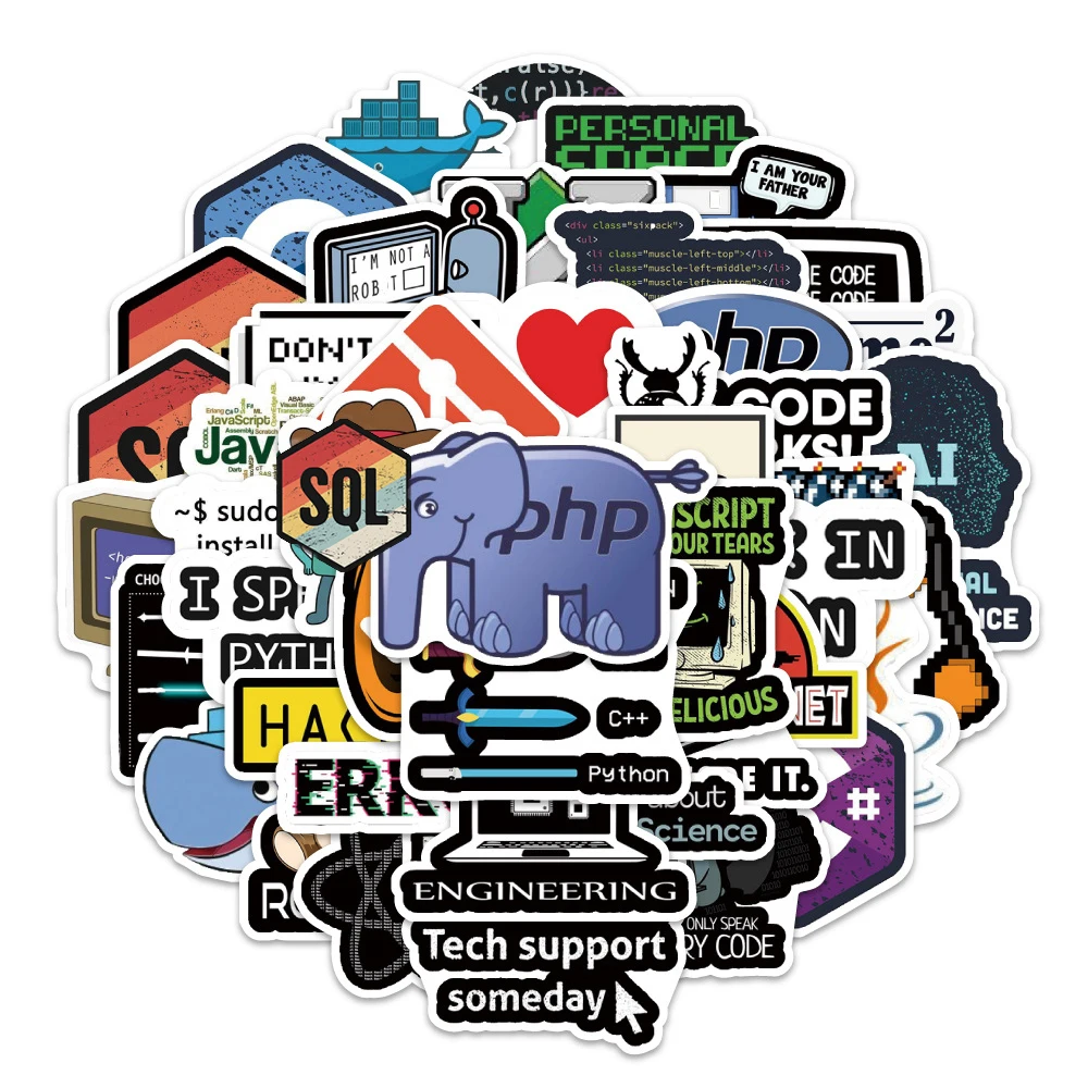 

10/30/50pcs Cartoon Computer Programming Puzzle Graffiti Stickers Java JS Php Docker Html Cloud Language Decals Toys Gifts