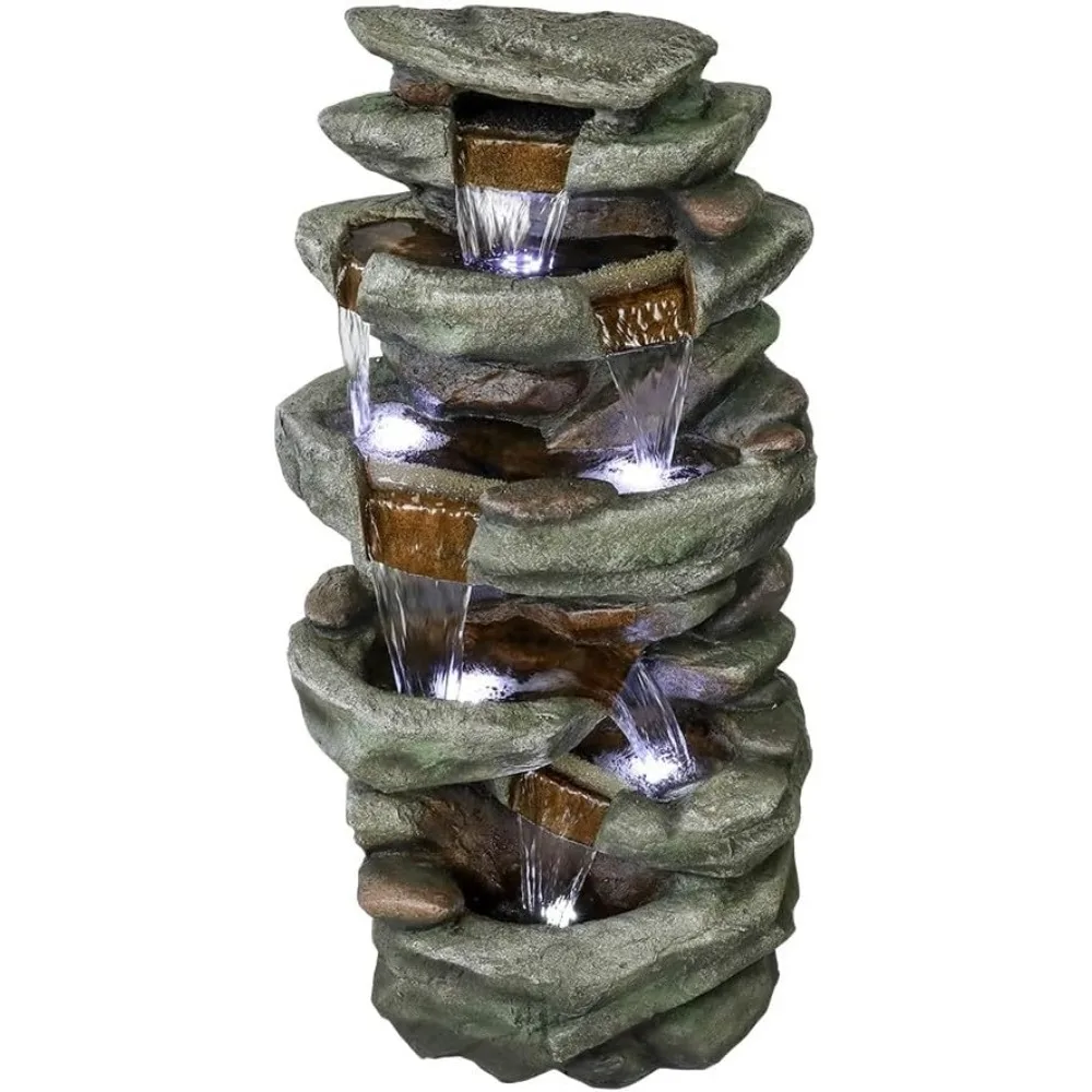 

40.5” High Rocks Outdoor Water Fountain - 6-Tiers Cascading Waterfall with LED Lights, Soothing Tranquility for Home Garden