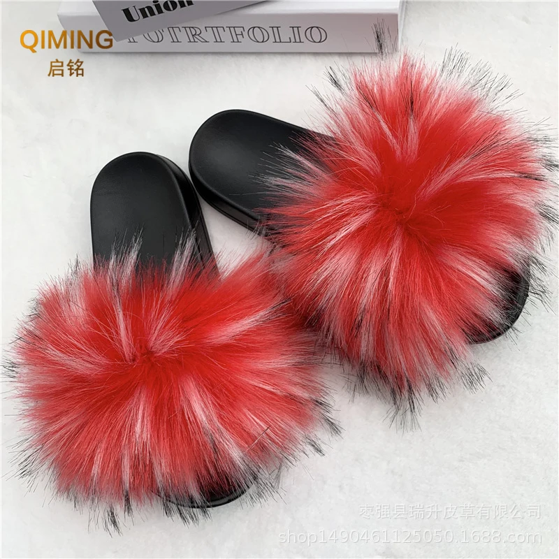 Summer Women Faux Fur Slippers Non-slip Woman Slides Plush Fluffy Outdoor Indoor Flip Flops Ladies Slide Sandals Fuzzy Slipper