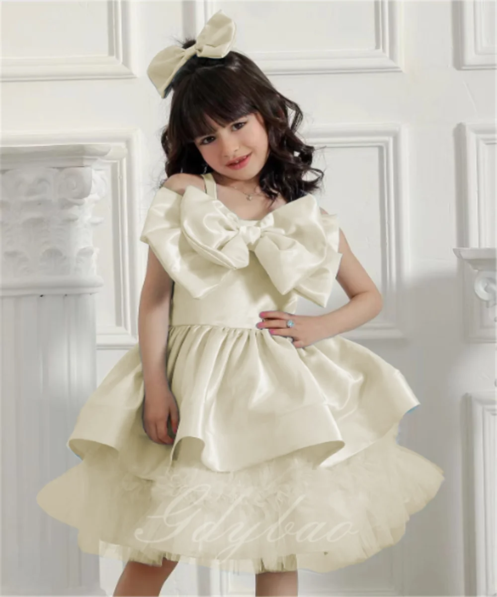 

Lovely Pink Flower Girl Dress Satin Bow Corsage Tulle Lining For Wedding Puffy With Bow Kids Princess Party Ball Gowns