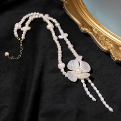 Natural Freshwater Pearl Shell Flower Tassel Necklace Retro Palace Style Jewelry Choker Gifts for Mom Wife Girlfriend GN0682