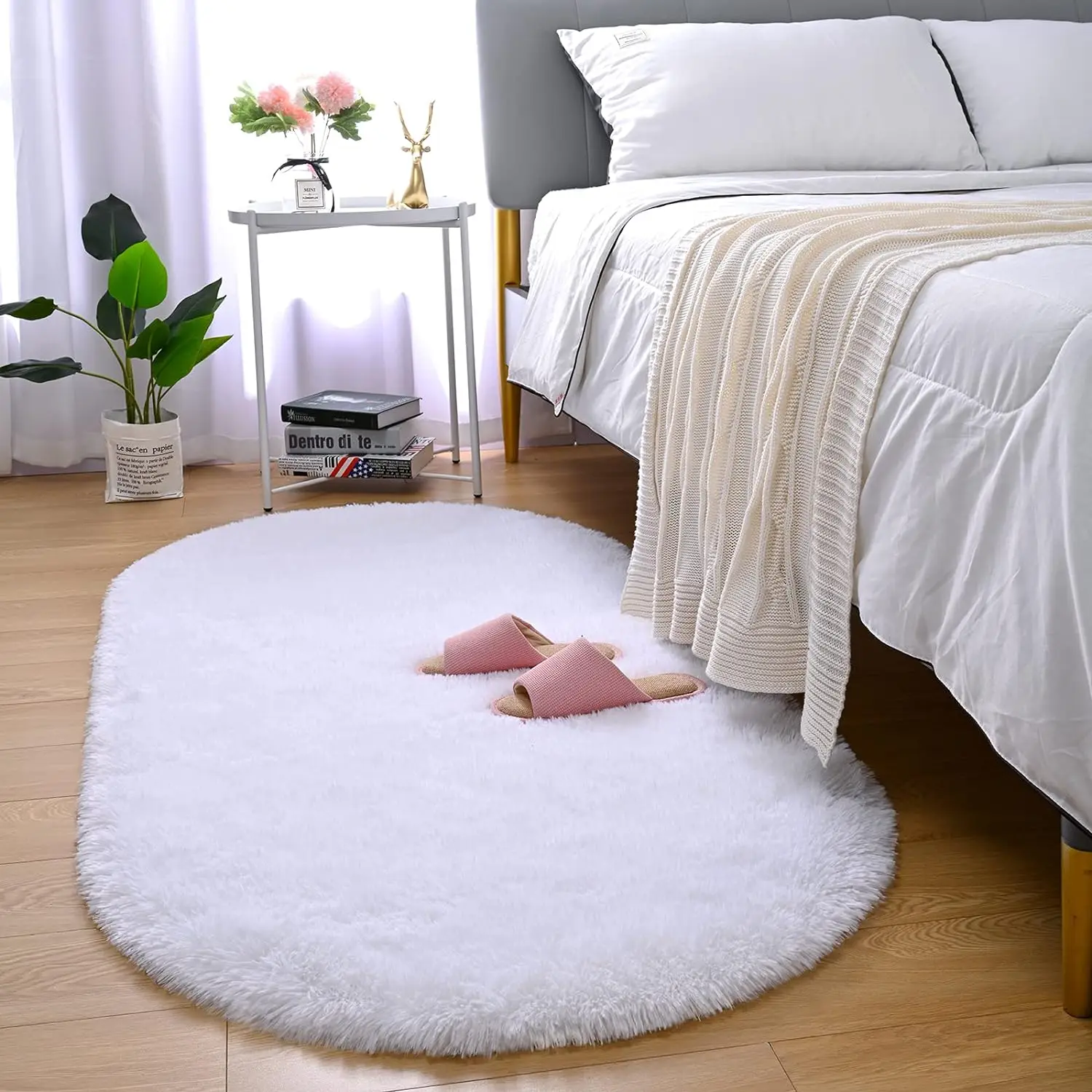 Oval Fluffy Ultra Soft Area Rugs for Bedroom Plush Shaggy Carpet for Kids Room Bedside Nursery Mats, 2.6 x 5.3ft