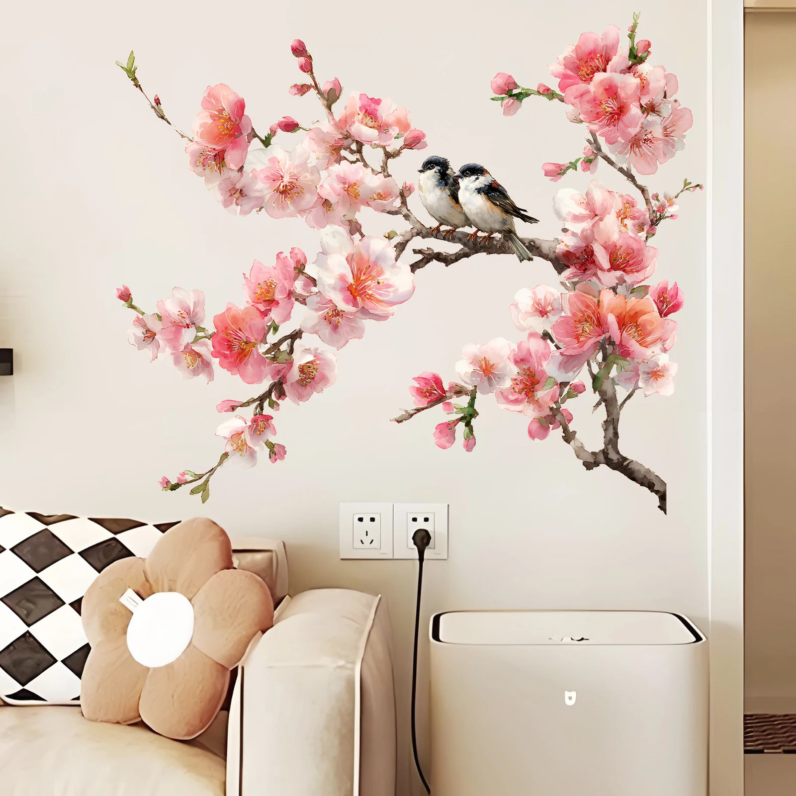 Watercolor Cherry Blossom Wall Stickers, Pink Floral & Bird Decals, Removable Elegant Aesthetic Home Decor