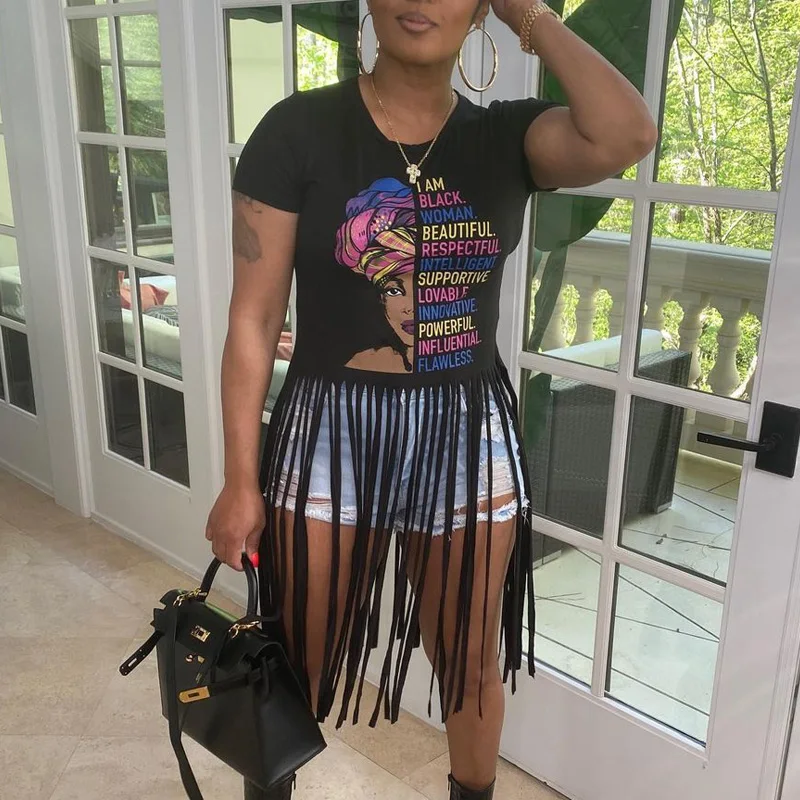 Women Summer Fashion  Casual Short-sleeved Printed Tassel T-shirt Tops Indie Style White Black African Clothing Wholesale