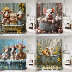 Cute Pig in Bathtub Bath Curtain for Kids Funny Cartoon Animals Rustic Wooden Plank Polyester Fabric Bath Curtain Bathroom Decor