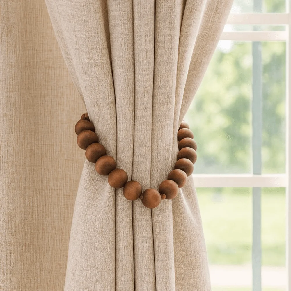 

2Pcs Farmhouse Style Wood Beads Curtain Tie Handmade Easy To Install Bead Curtain Buckles Minimalist Decorative