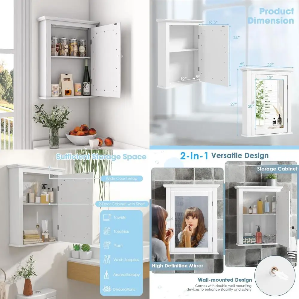 Wall-Mounted Mirrored Medicine Cabinet for Adjustable Storage in Bathroom, Living Room, Bedroom, and Kitchen