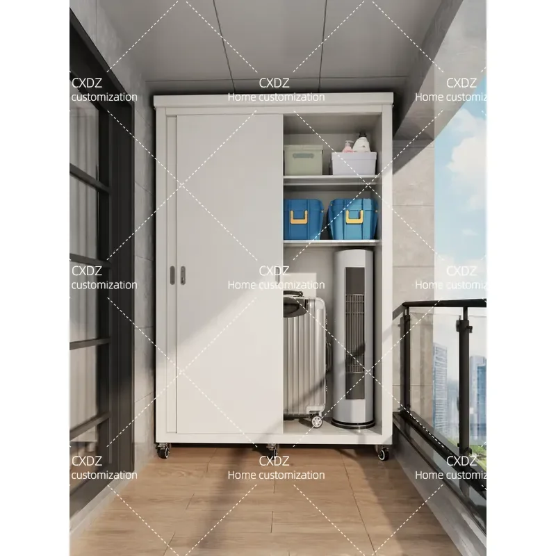 Balcony Outdoor Storage Cabinet Removable Steel Wardrobe Waterproof Sunproof with Wheels Sliding Door Utility Locker for
