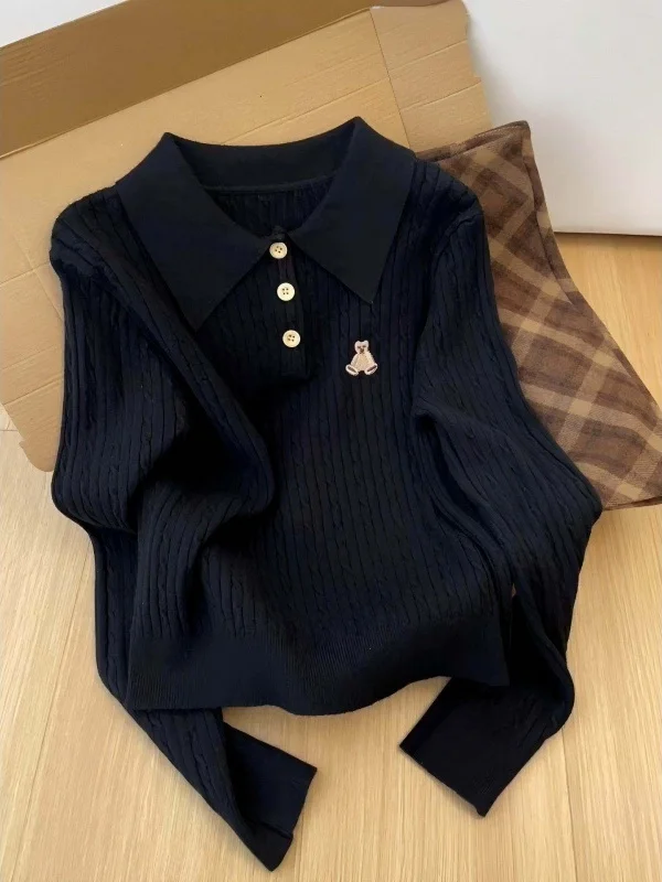 

Корейский вязаный свитер с вышивкой медведя, приталенный, для женщин, весенний, для ношения как поддевка или верхняя одежда, с воротником-стойкой, топ