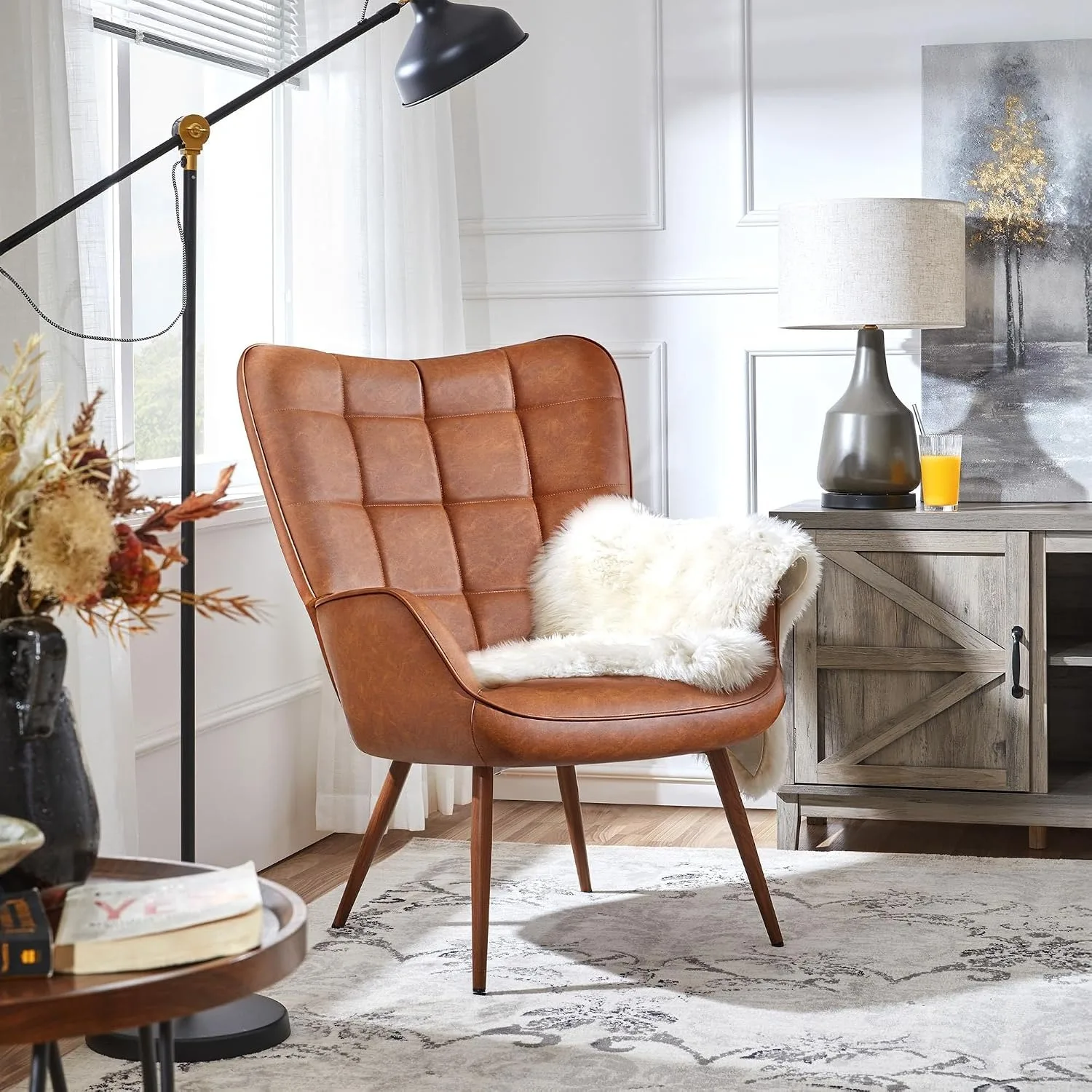 Faux Leather Accent Chair for Living Room Retro Brown