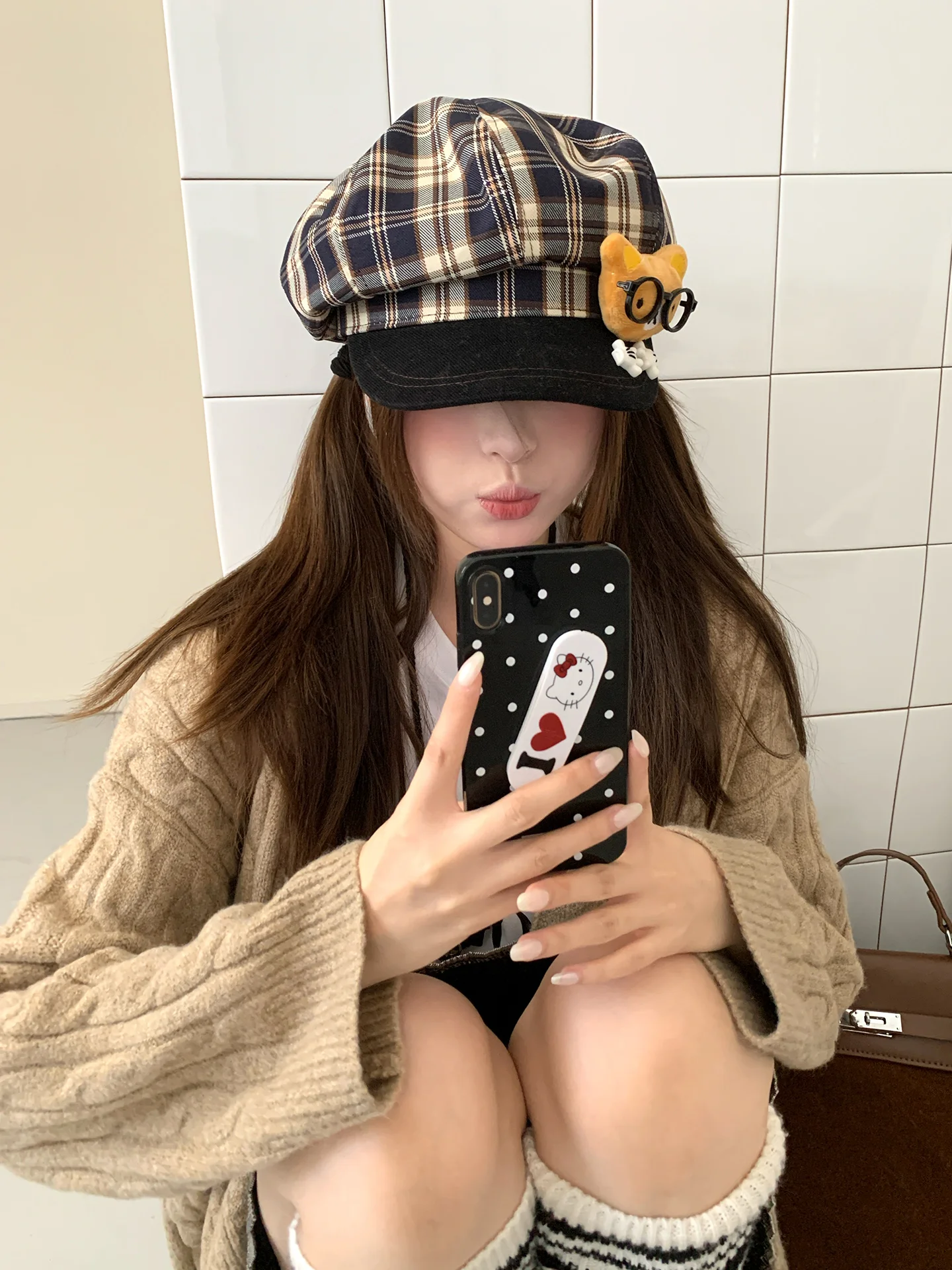 Cute Cartoon Glasses Bear Plaid Beret For Women Versatile Painter's Cap With A Brim