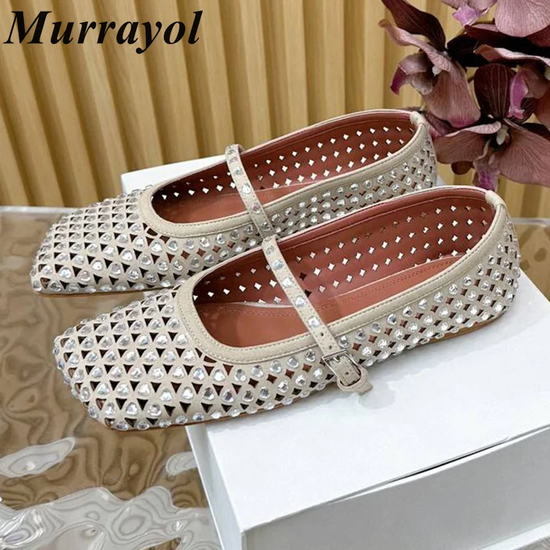 Mesh Hollow Out Belt Buckle Design Mary Jane Shoes Women Heart-shaped Rhinestone Decor Flat Ballet Shoes Summer Single Shoe