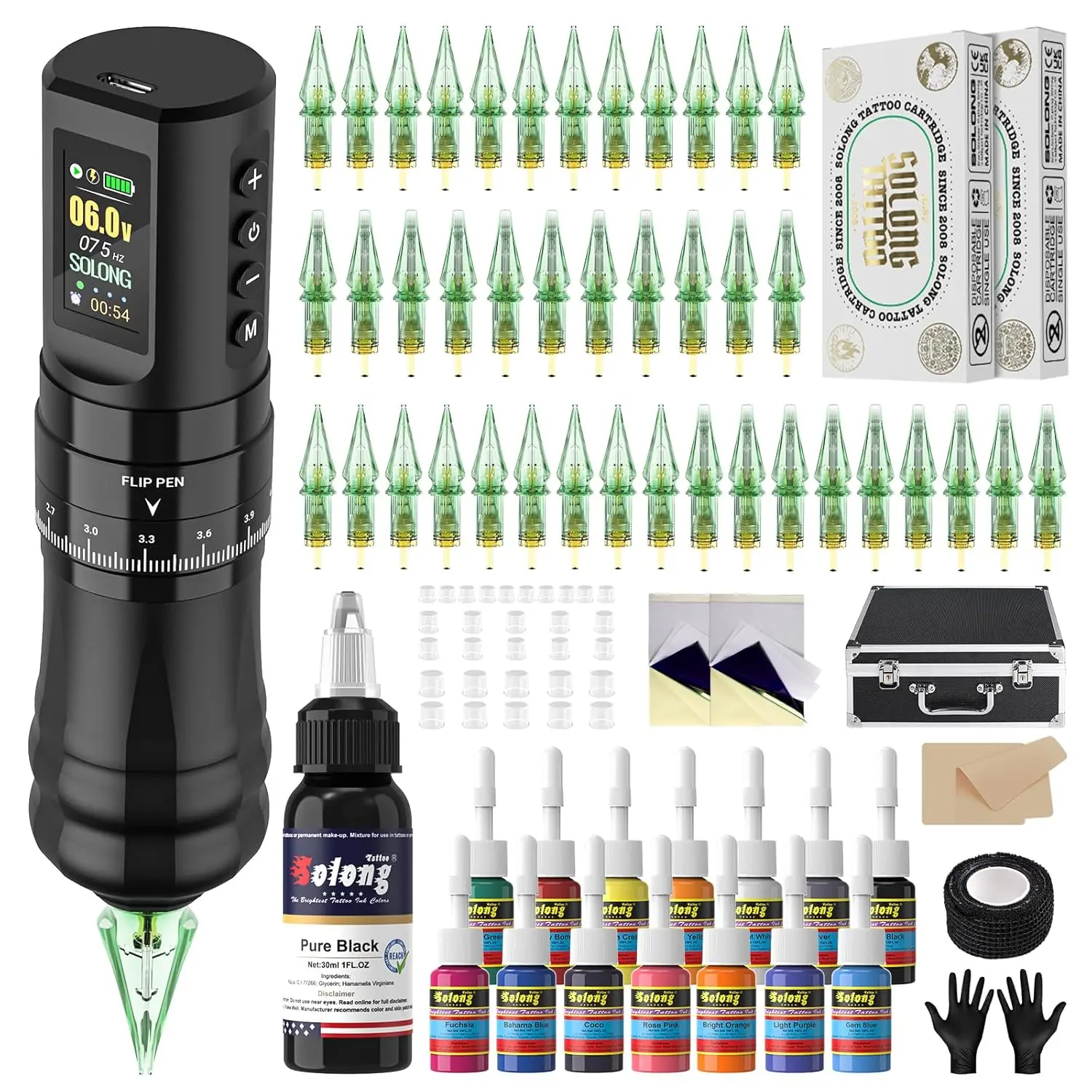 

Wireless Tattoo Machine Kit with 1800mAh Battery, 7 Stroke Lengths, 40 Needles & 14 Ink - Complete Set for Beginners & Artists