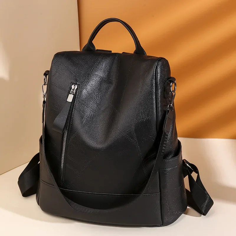 PU soft leather texture shoulders backpack large capacity leisure splicing shoulder bag anti-theft travel women backpacks