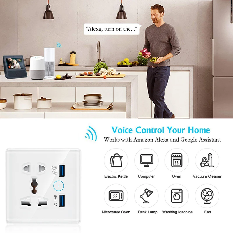 Yagusmart WiFi Smart Universal Wall Socket with USB Charger Port 13A Outlet Smart Plug Work with Tuya APP Alexa Google Home