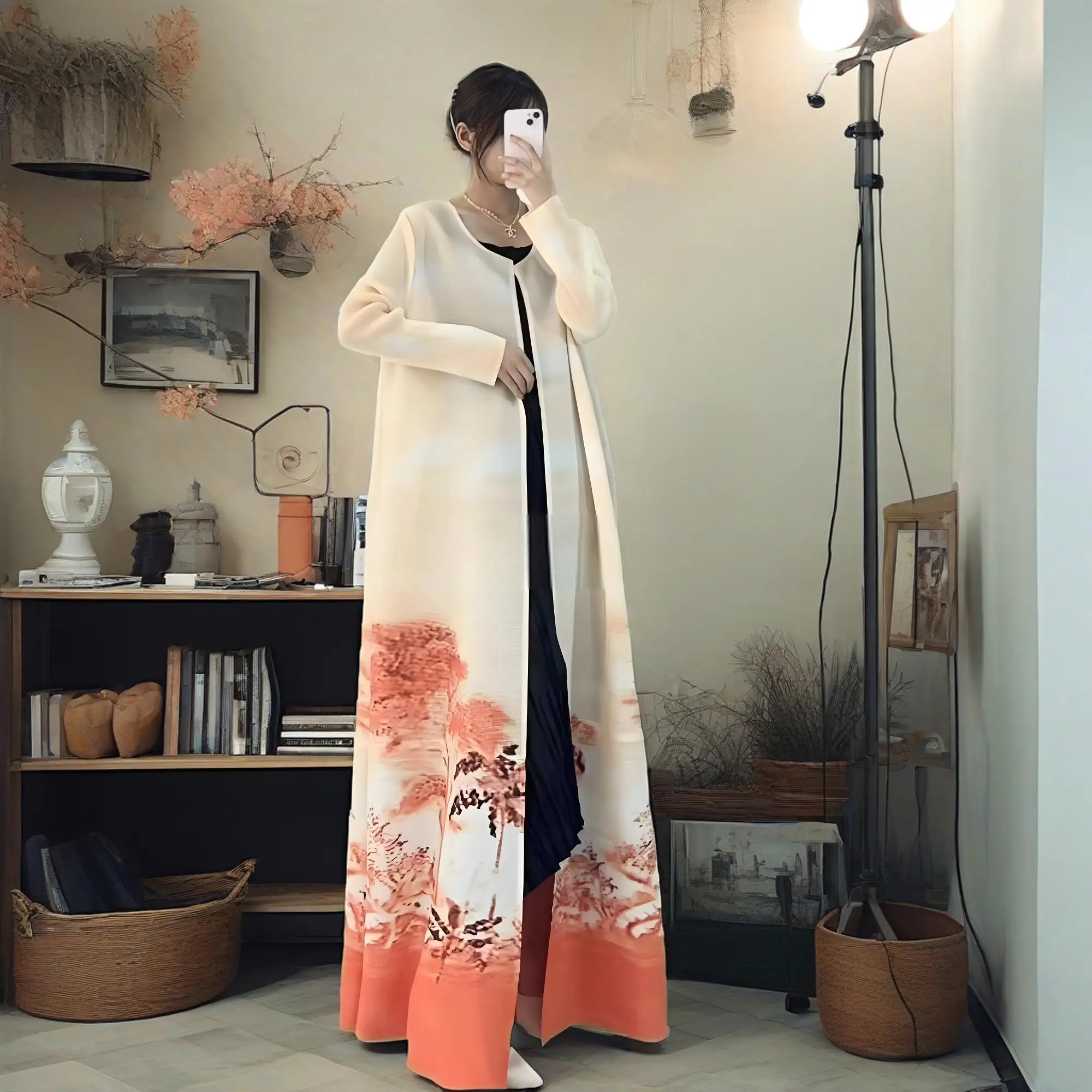 

Miyake's New Autumn Pleated Printed Long Style with Traditional Trench Coat Robe Dubai Cardigan Versatile Women's Clothing