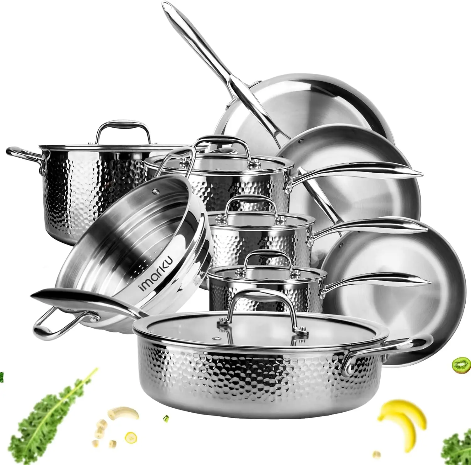 Stainless Steel Pots and Pans Set 14 Piece Tri Ply Hammered Stainless Steel Cookware Set Professional Induction Kitchen Cookware