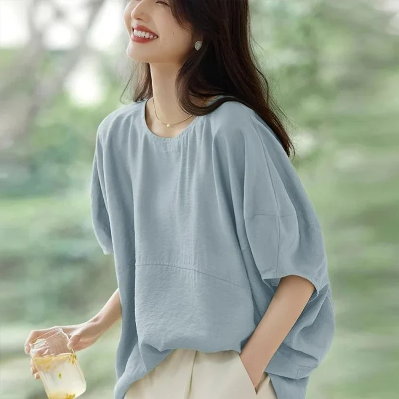 

Temperament Solid Color Round Neck Bat Sleeves Shirt for Women Summer Casual Loose Elegant Versatile Tops Fashion Women Clothing