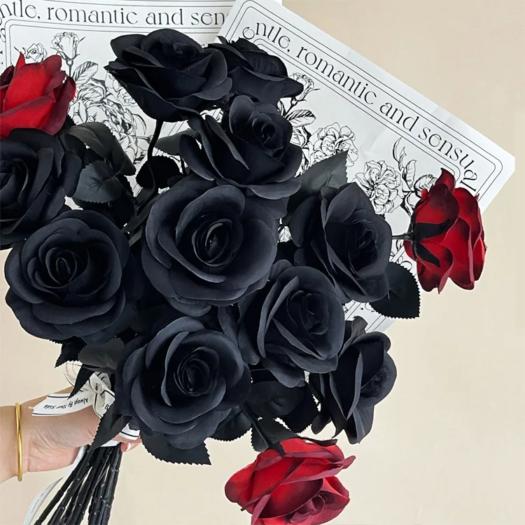 Simulation Pure Black Rose Gothic Style Dark Series Decorative Fake Flowers Fake Plants Halloween Ghost Festival Dress Up